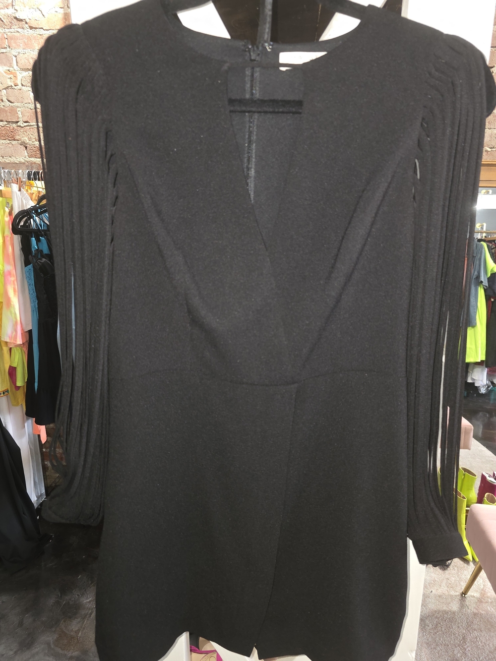 Halston Heritage Black Midi Dress with Fringe Sleeve Detail